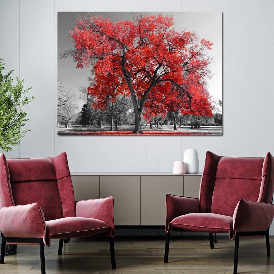 Big Red Tree Red Tree Art Nature Wall Art Fall Decor Unique Wall Art Modern Home Aesthetic Landscape Art By Nichecanvas - Image 3