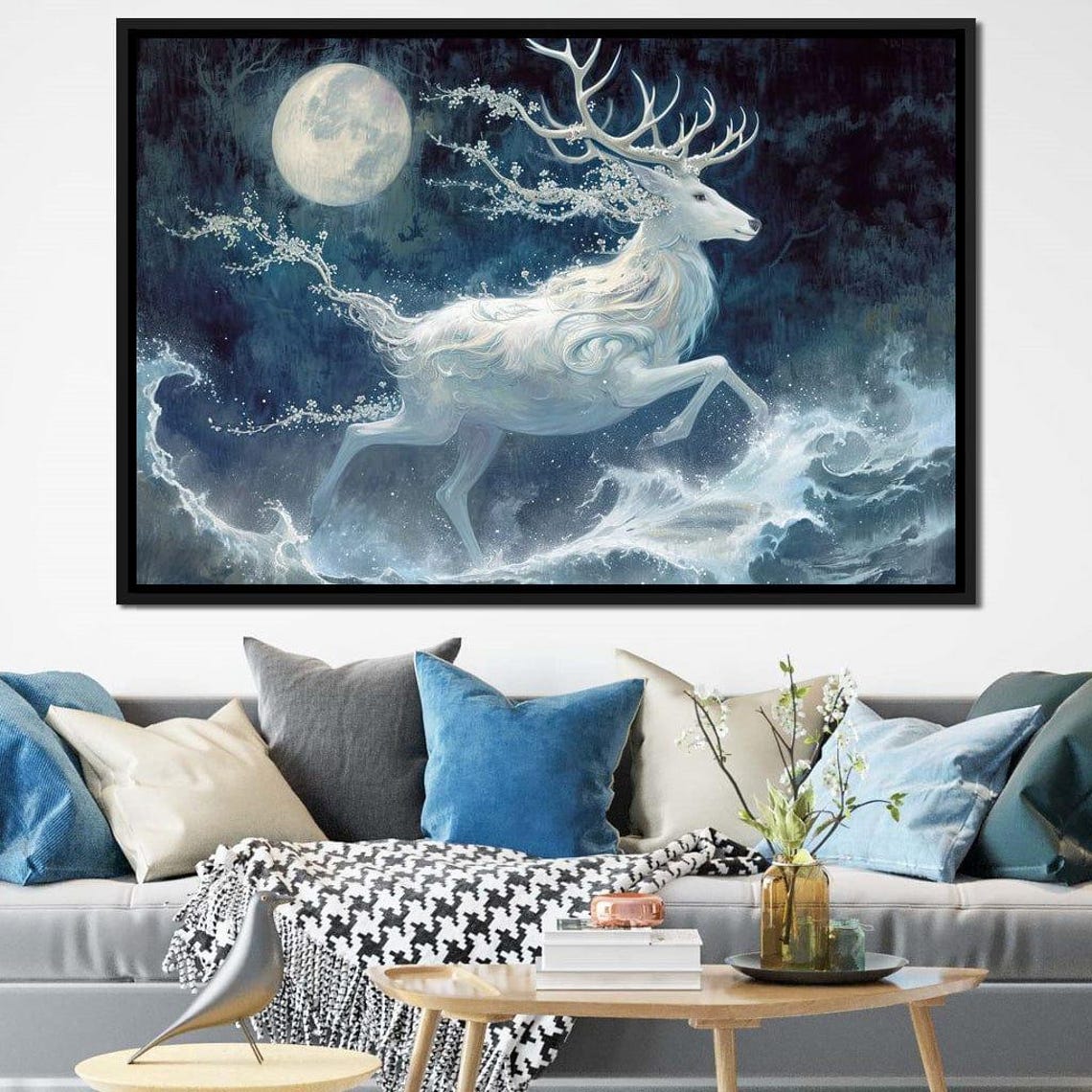 Mystic White Stag Leaping Over Ocean Waves Moonlit Fantasy Wall Art - Image 3