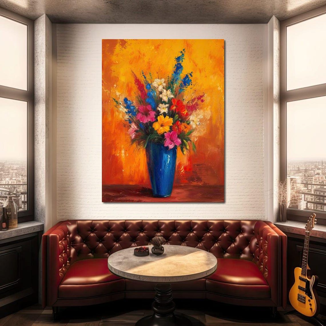Bold Floral Bouquet Blue Vase Fiery Orange Background Wall Art Poster - Image 2
