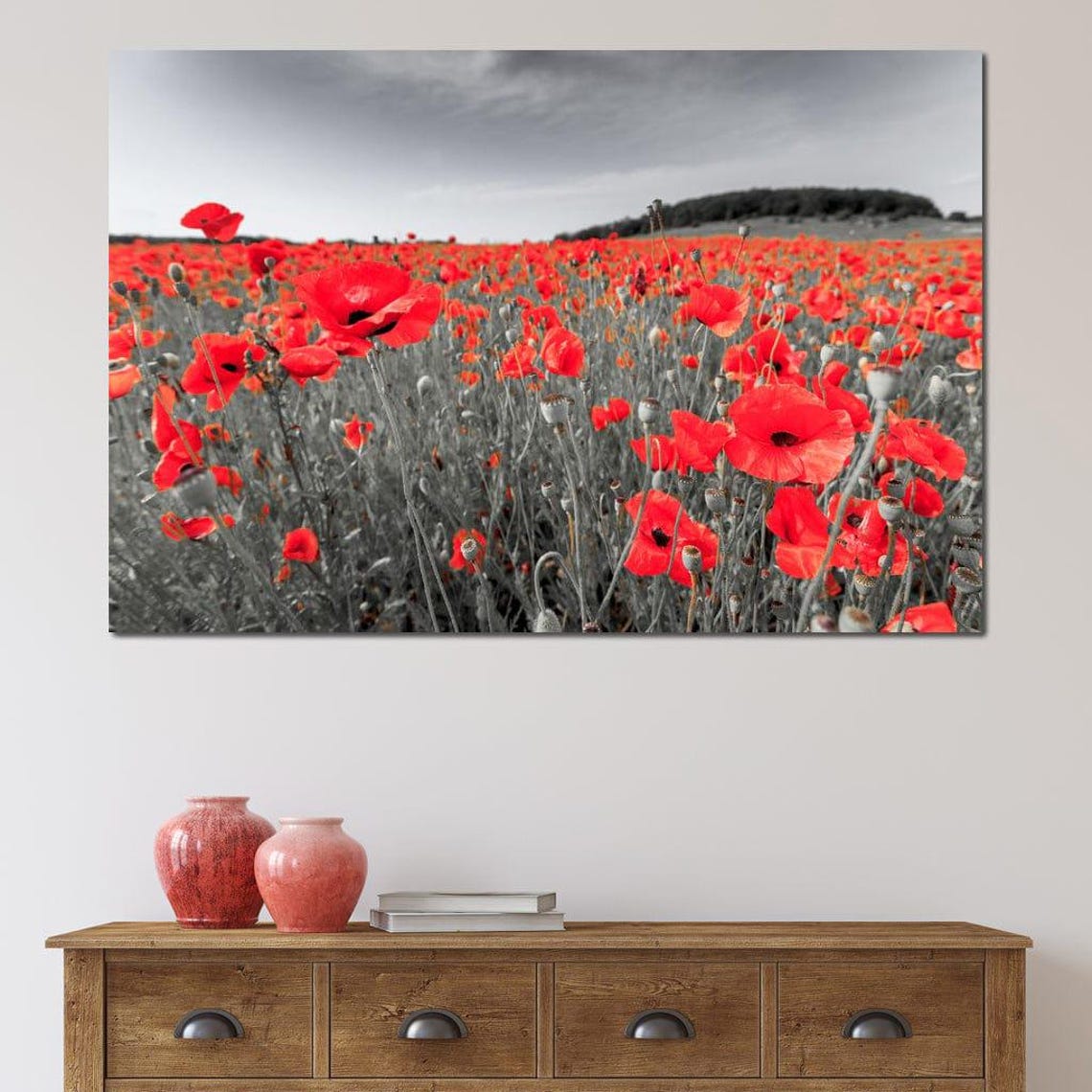 Vibrant Red Poppies Meadow Field Against Black And White Poster - Image 4