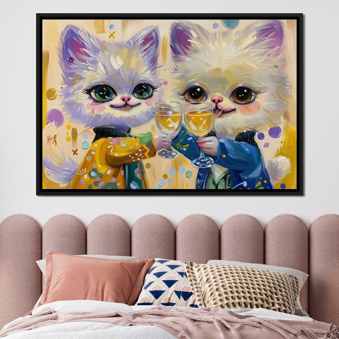 Cute Kittens Toasting Champagne Celebration Whimsical Cat Wall Art