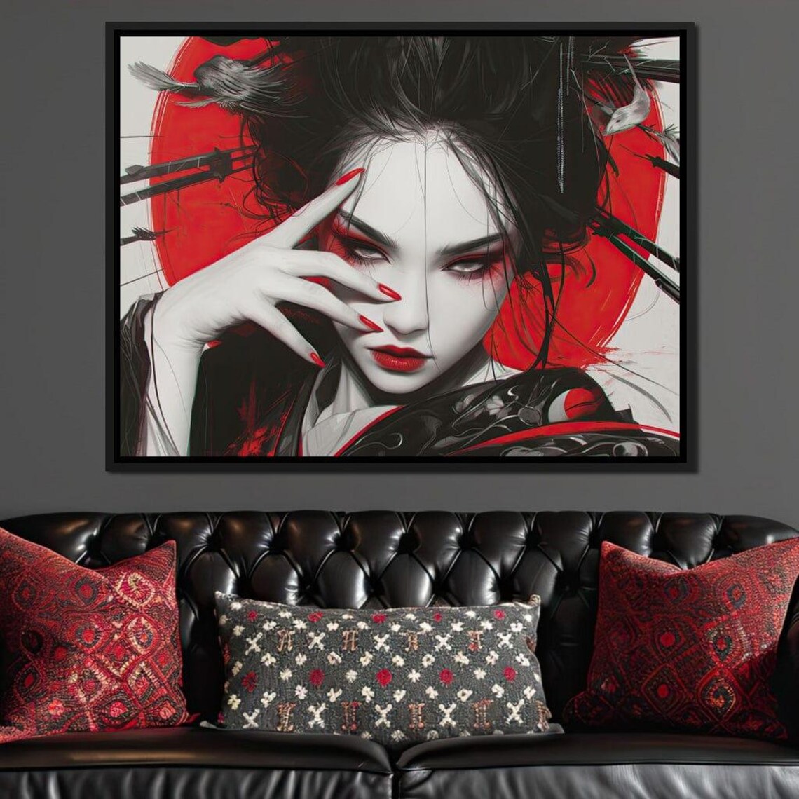 Japanese Geisha Monochrome Red Sun Dramatic Portrait Wall Art Print - Image 3