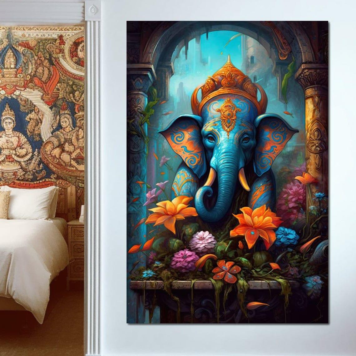 Ganesha Blue Elephant God Temple Arch Orange Bloom Spiritual Wall Art - Image 3