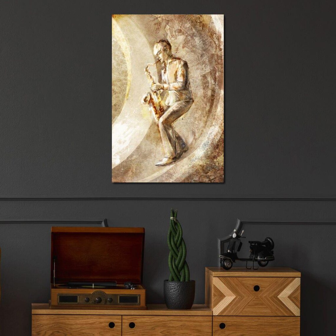 Jazz Saxophone Player Sepia Vintage Artistic Music Painting Wall Art - Image 3