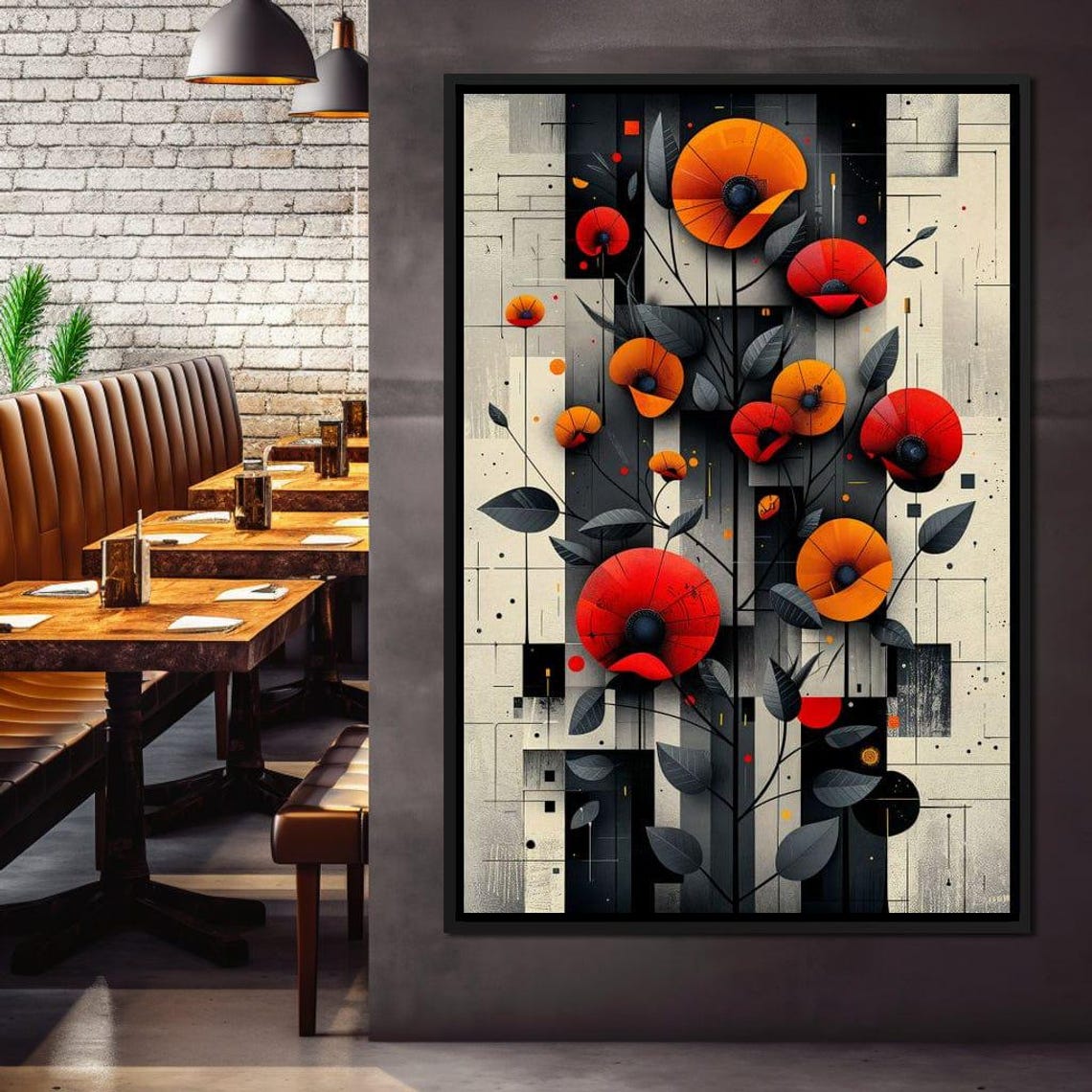 Red Orange Poppy Blooms Geometric Monochrome Floral Art Poster - Image 3