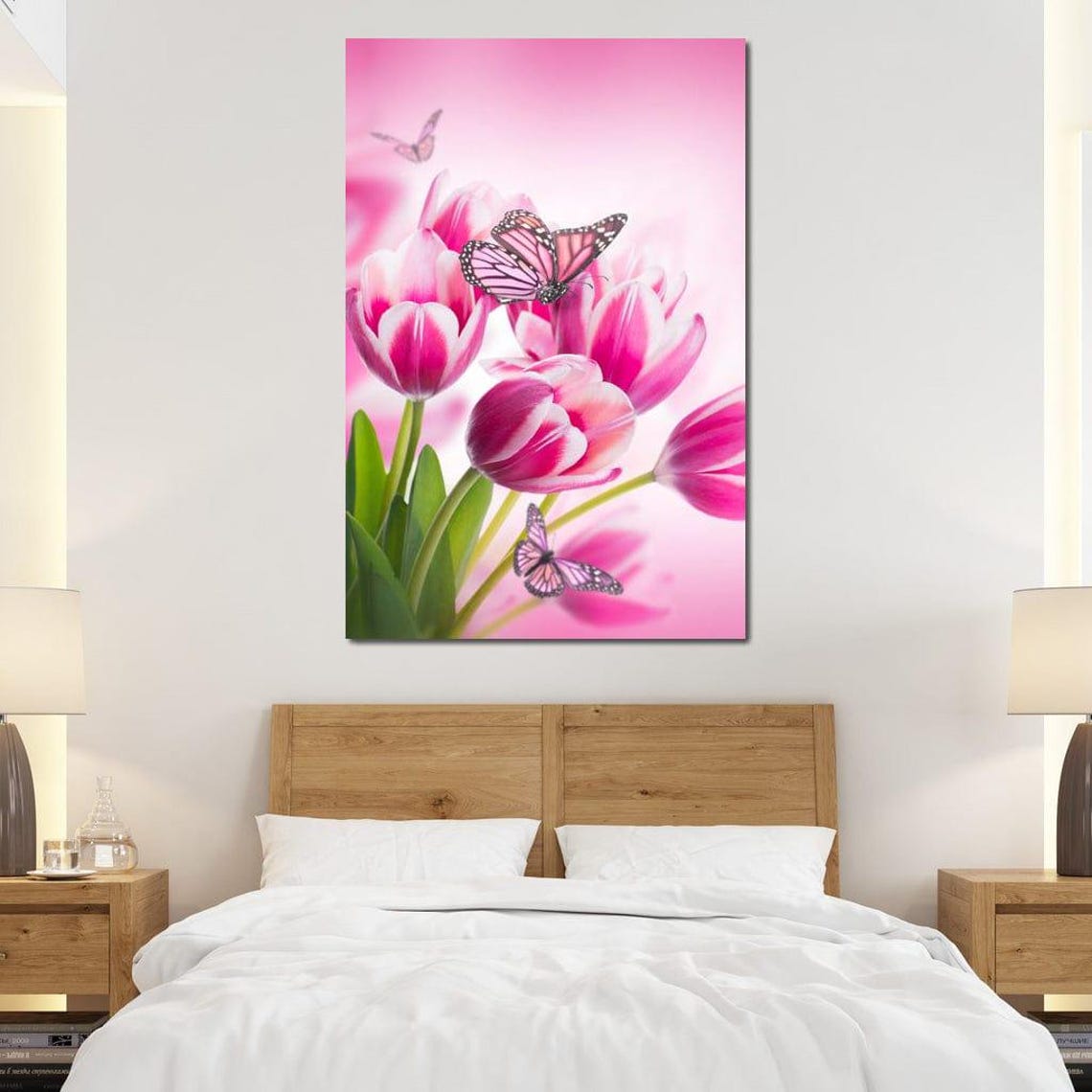Pink Tulips And Butterflies Spring Floral Botanical Wall Art Poster - Image 2