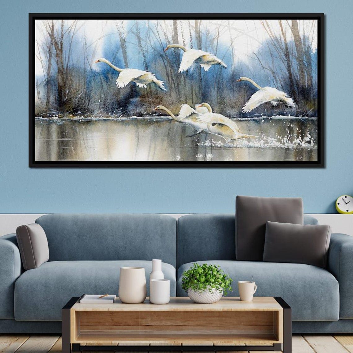 White Swans Flying Misty Lake Watercolor Elegant Bird Art Poster