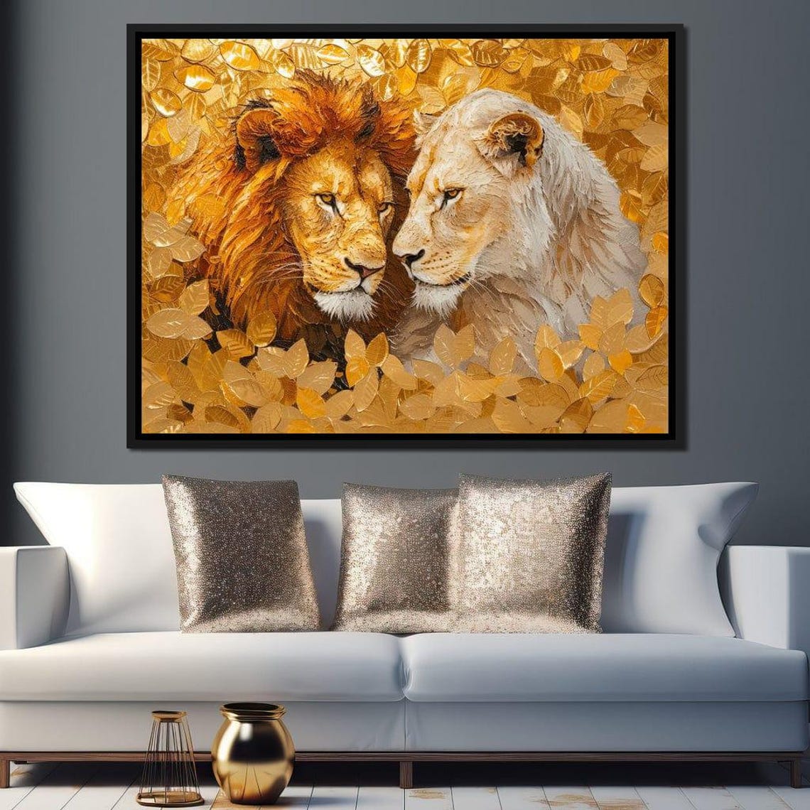 Golden Lion Couple Regal Five Panel Canvas Portrait Wildlife Wall Art - Image 2