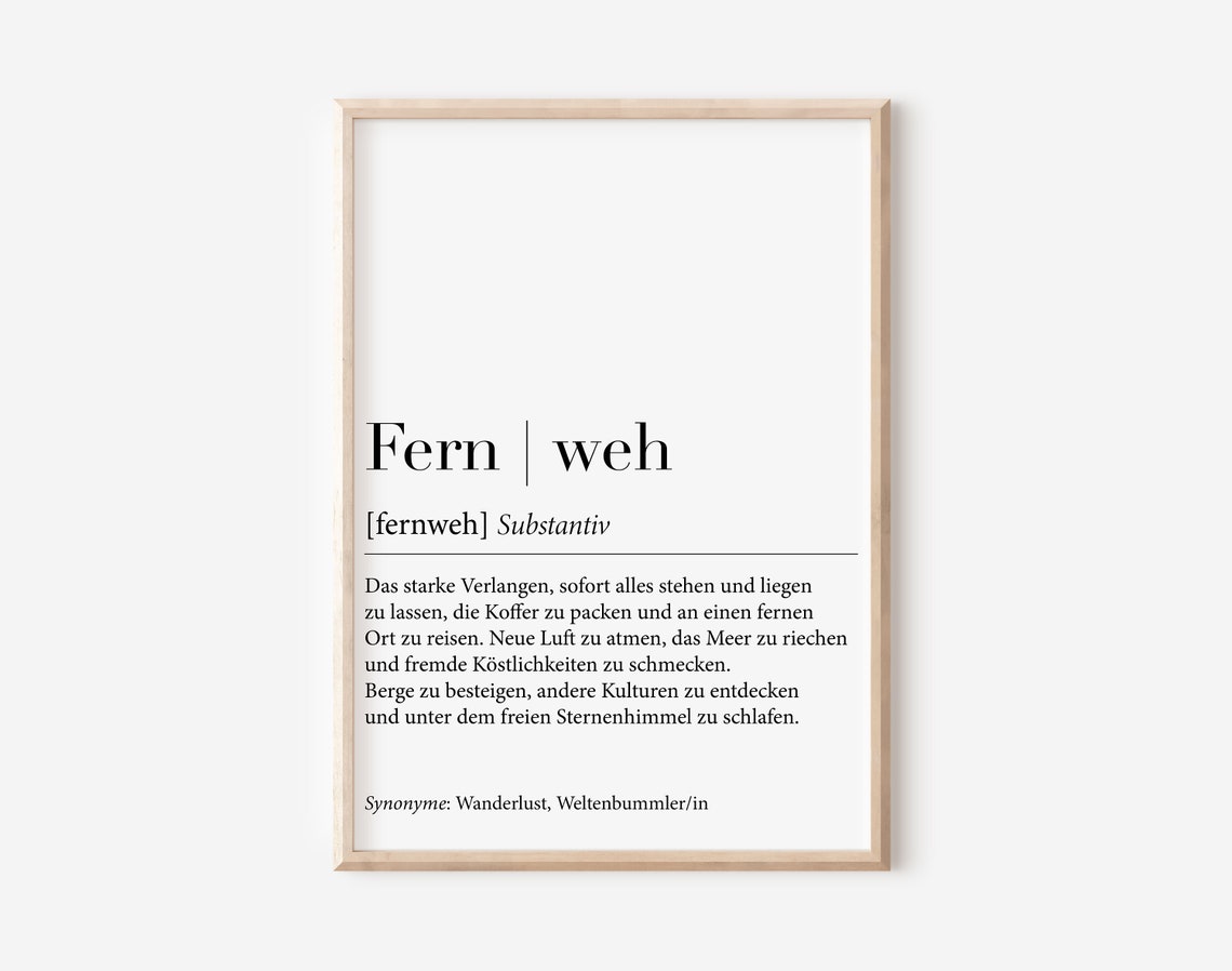 Fernweh German Dictionary Definition Travel Wanderlust Word Poster