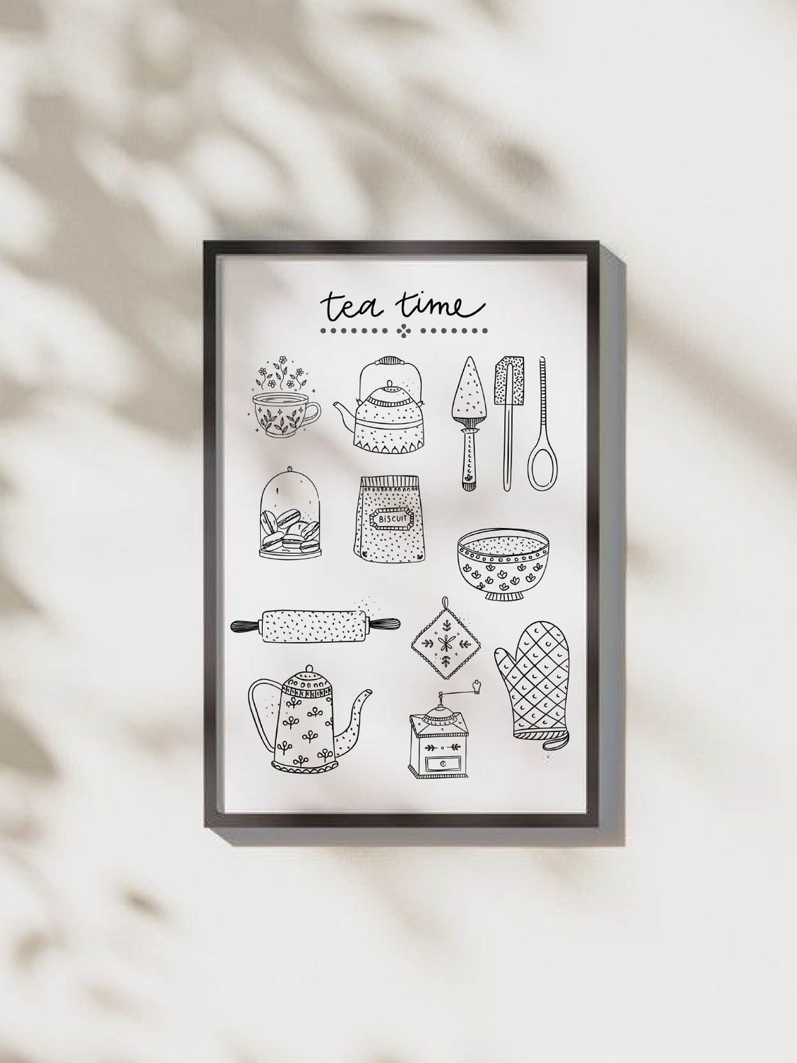 Tea Time Illustrated Kitchen Tools Line Art Black and White Poster - Image 2