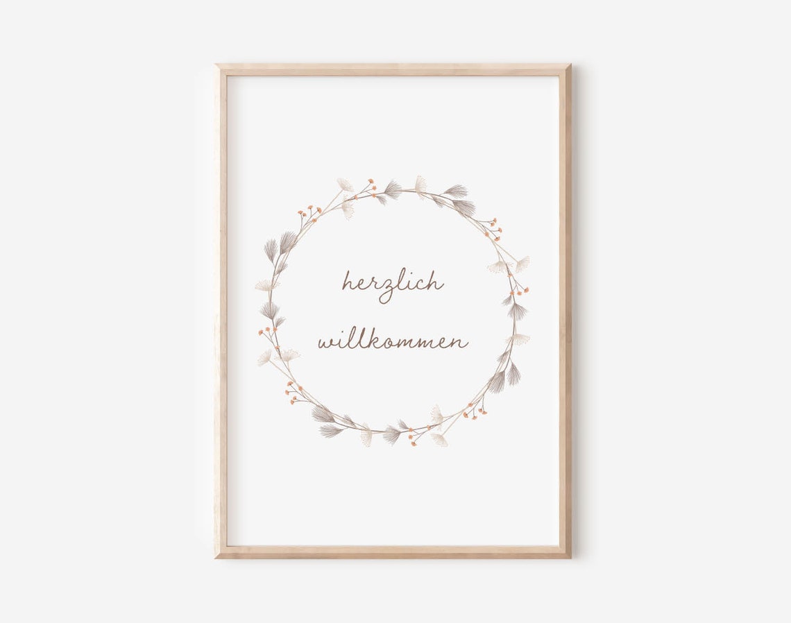 Herzlich Willkommen German Welcome Botanical Wreath Art Poster