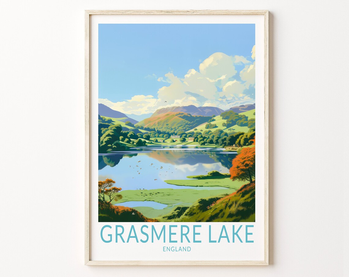 Grasmere Lake England Autumn Lakes Travel Illustration Poster