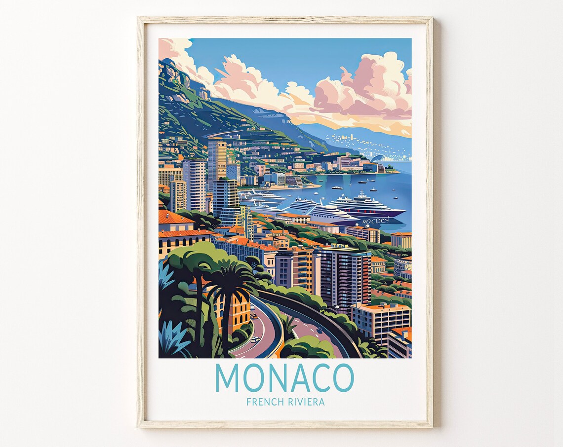 Monaco French Riviera Harbor Cruise Ship Coastal Travel Poster