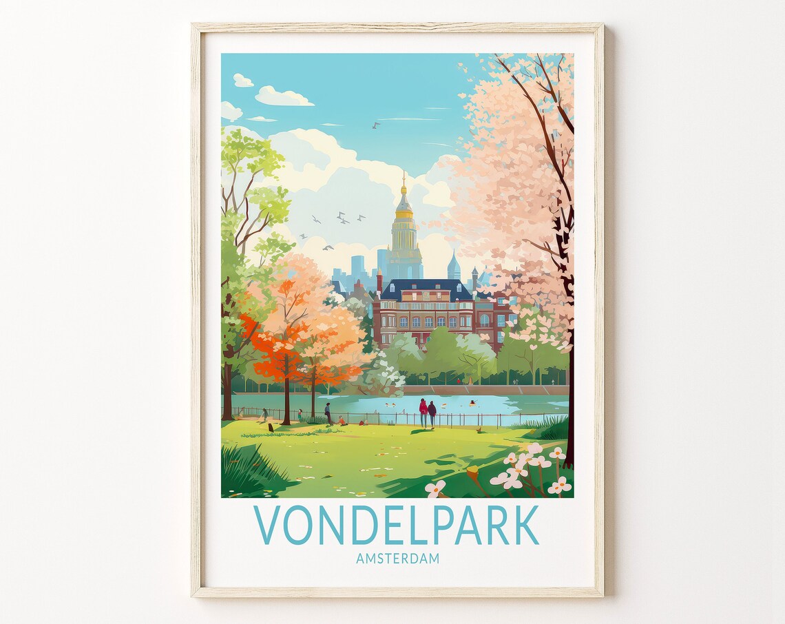 Vondelpark Amsterdam Spring Blossom Park Pond Scene Travel Poster