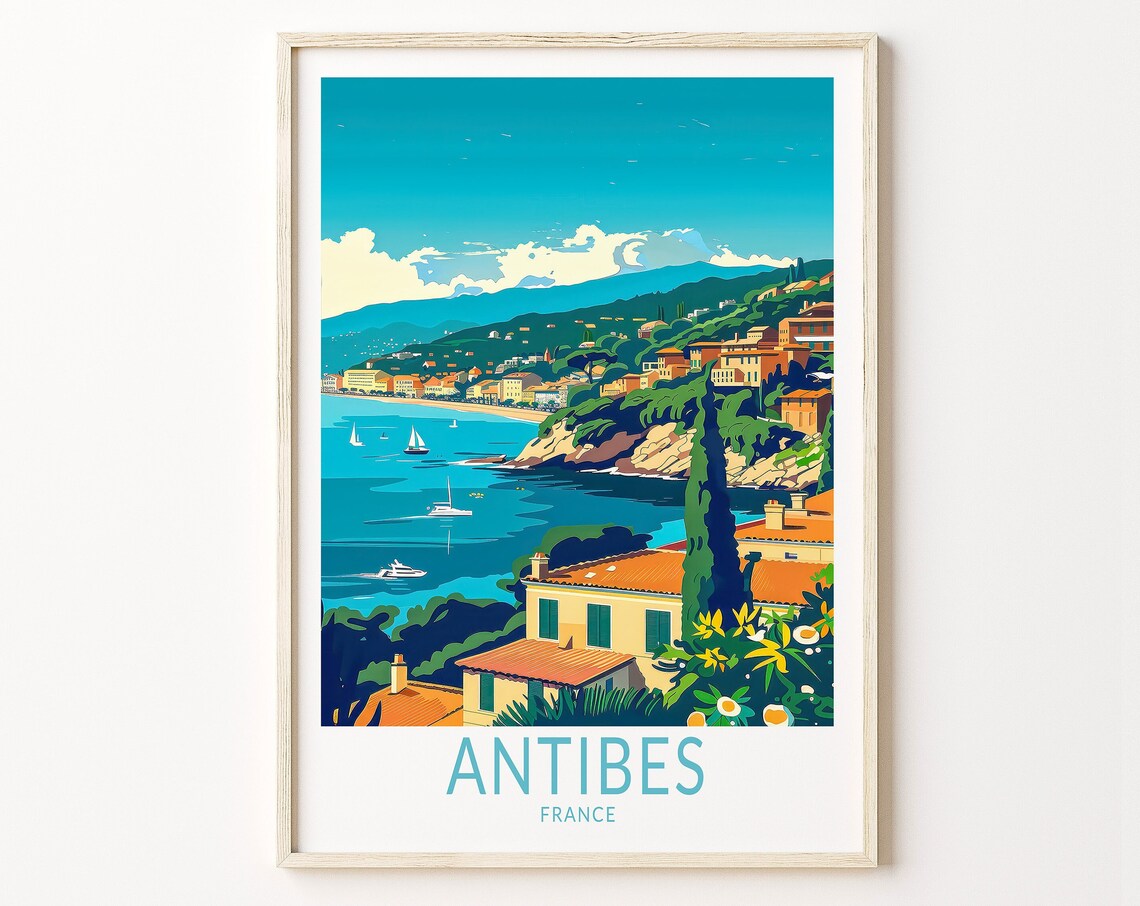 Antibes French Coast Sailboats Seaside Town Illustrated Travel Poster