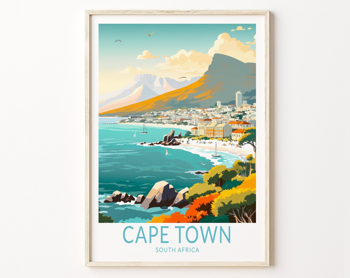 Cape Town South Africa Table Mountain Seaside Retro Travel Poster