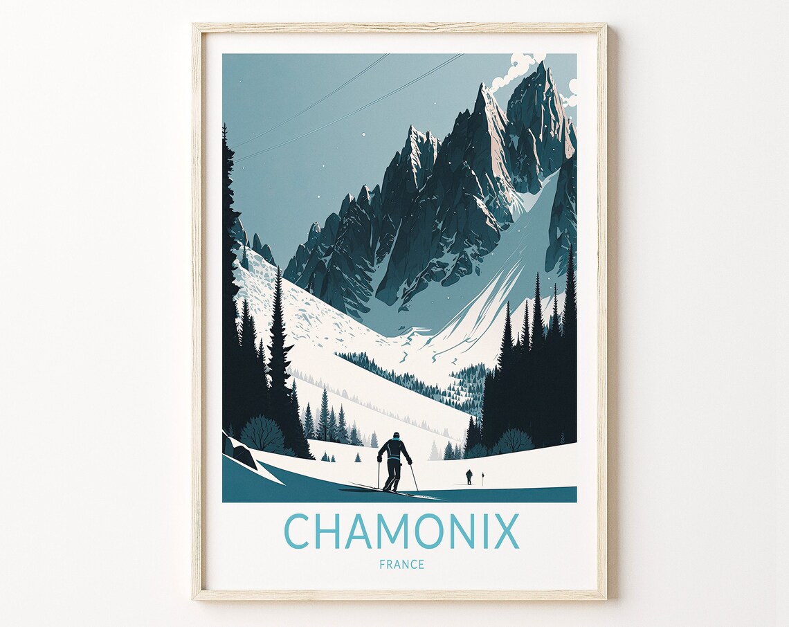 Chamonix France Ski Resort Snowy Alps Retro Winter Travel Poster