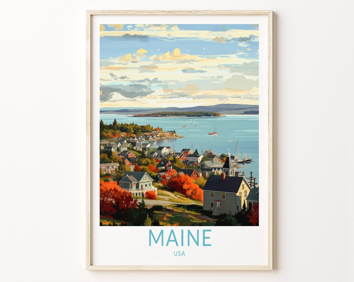 Maine Coastal Travel Poster, State Road Trip Art Print