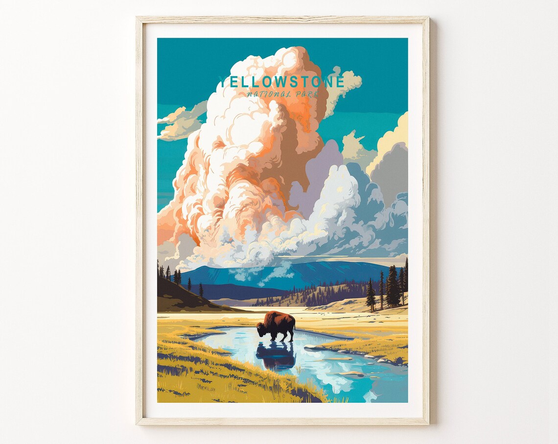 Yellowstone National Park Bison River Retro Travel Home Decor Poster