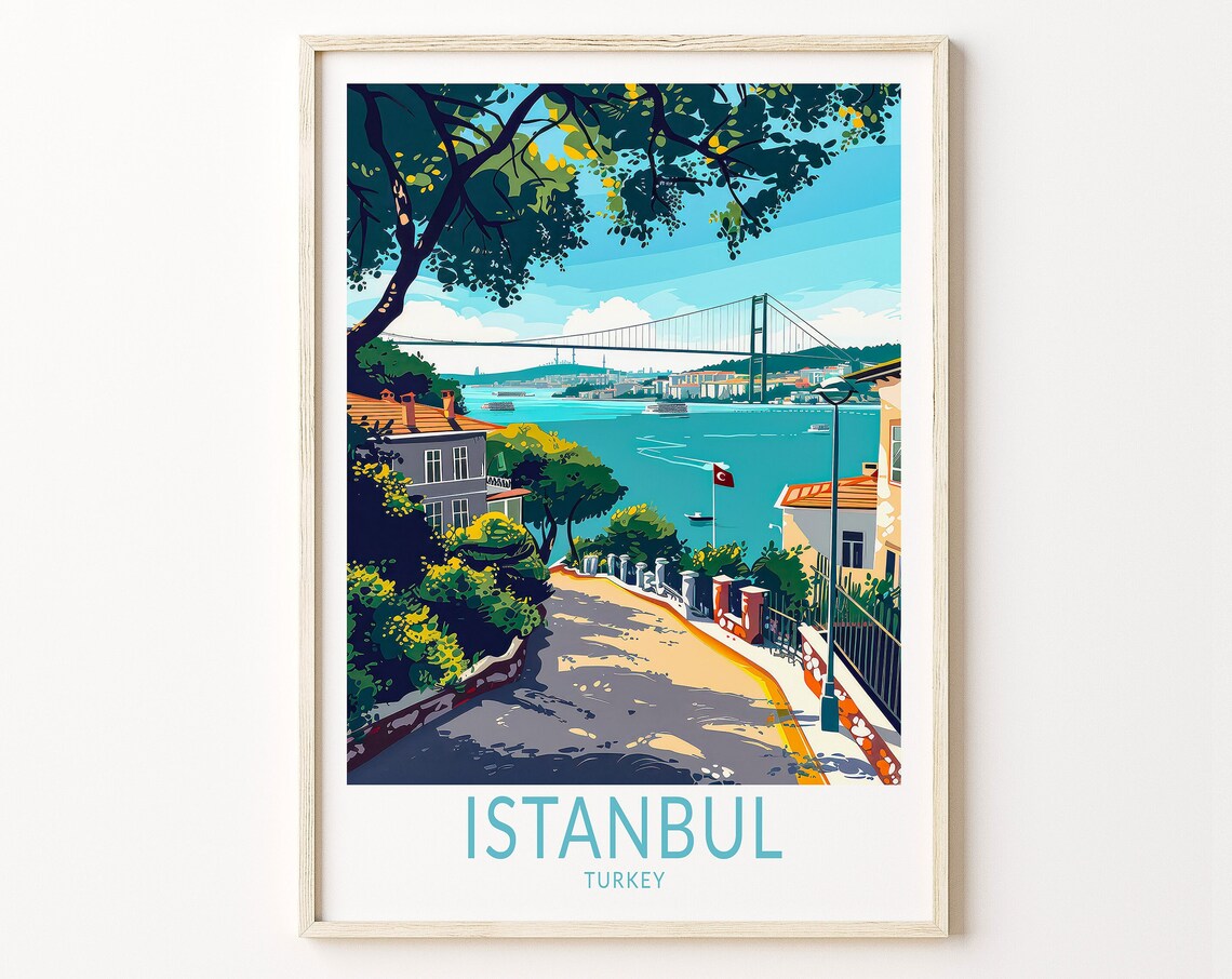 Istanbul Turkey Bosphorus Bridge Retro Vintage Travel Poster
