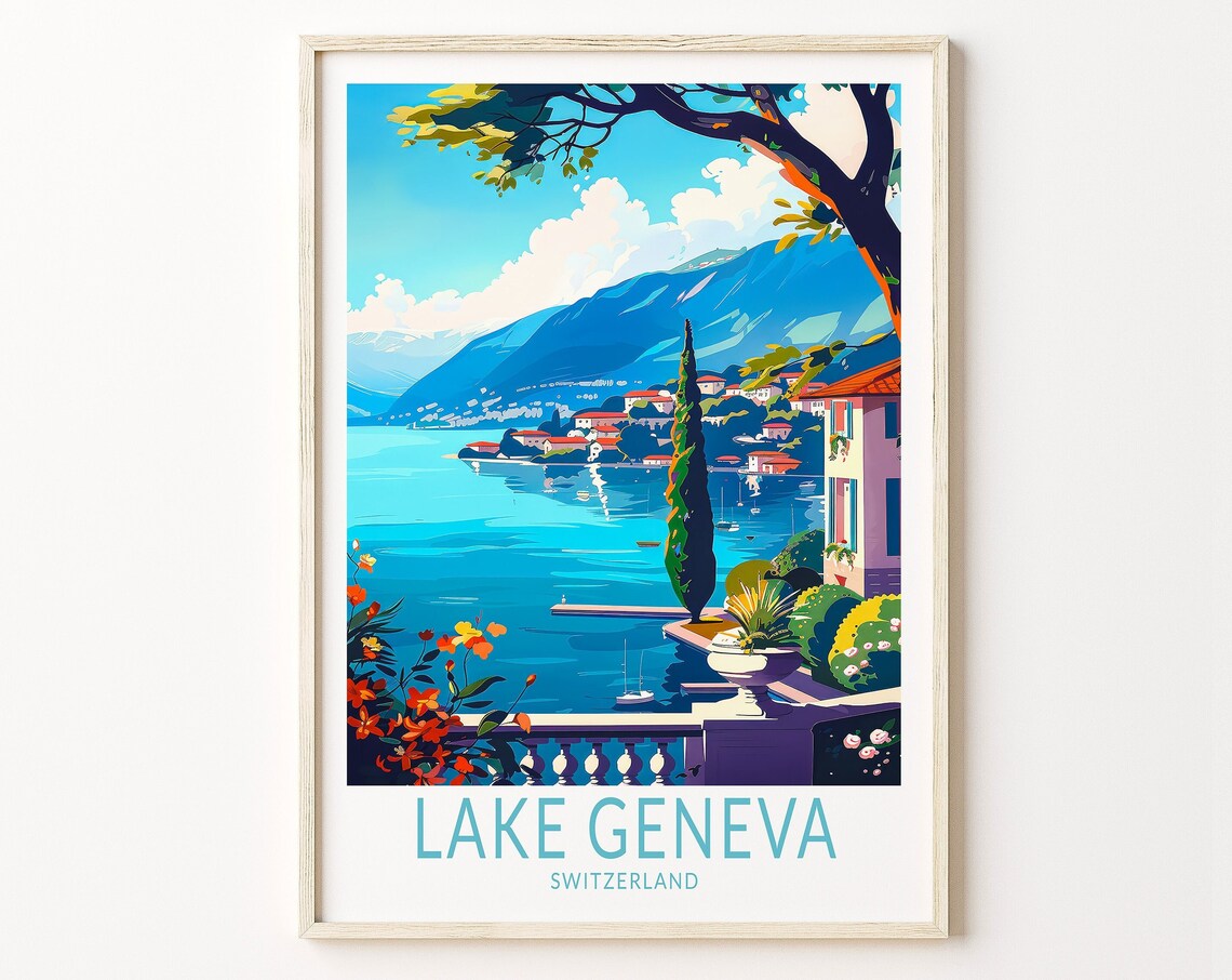 Lake Geneva Switzerland Lakeside Villa Mountains Travel Poster