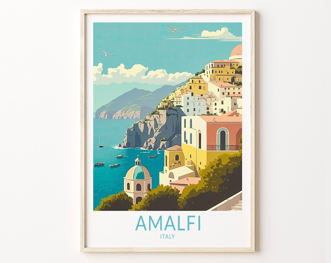 Amalfi Italy Cliffside Coastal Town Sea View Vintage Travel Poster