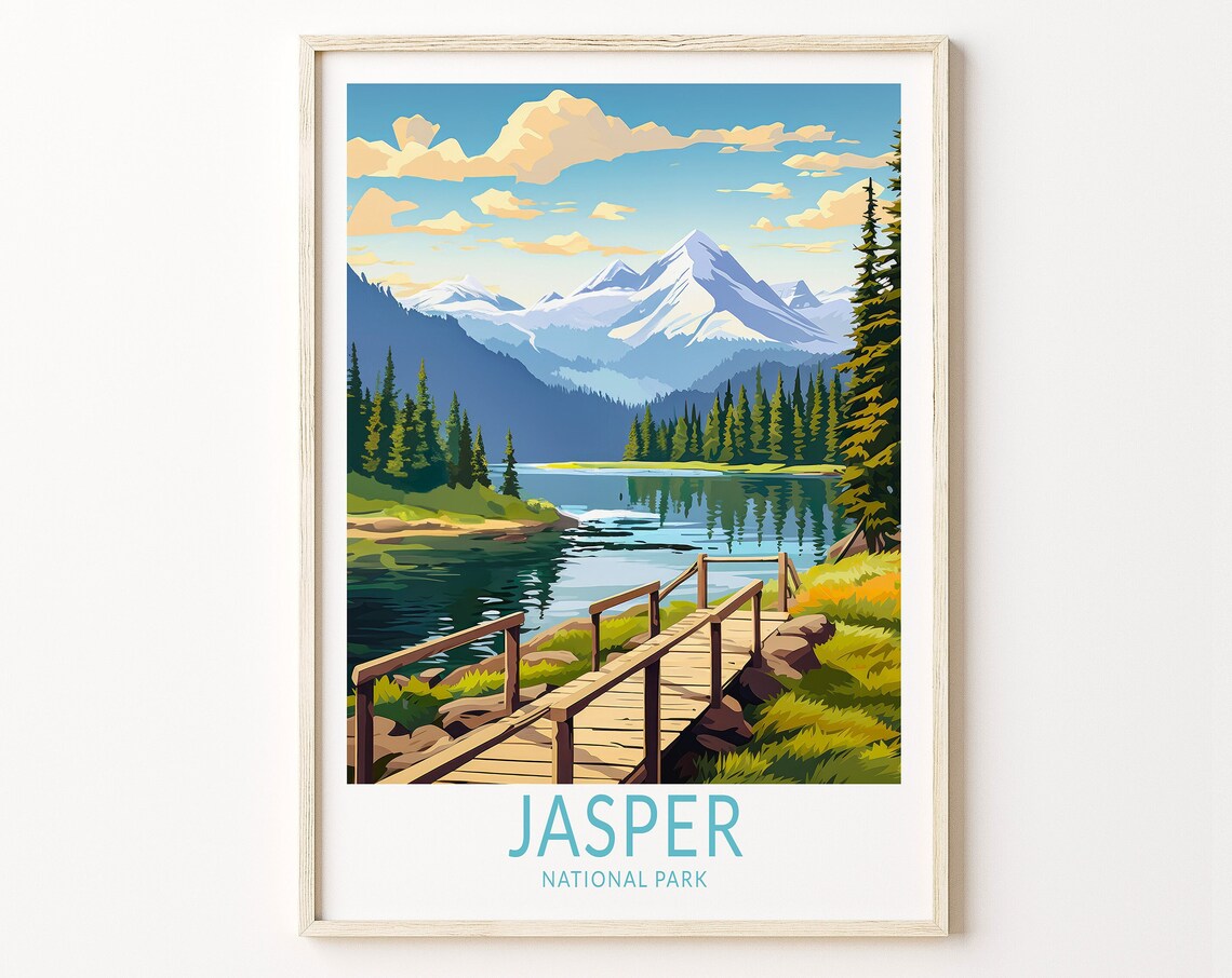 Jasper National Park Mountain Lake Boardwalk Vintage Travel Poster