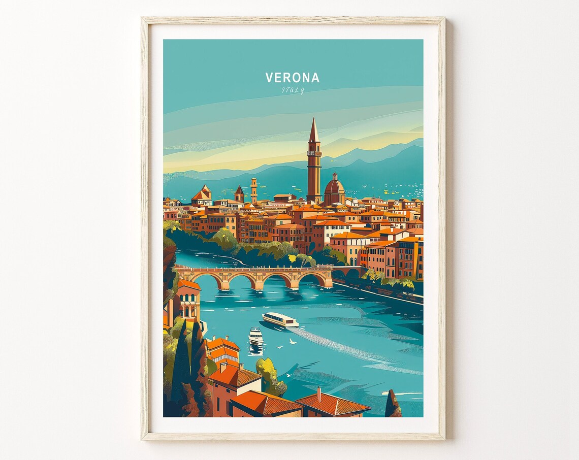 Verona Italy Adige River Bridge Golden Hour Vintage Travel Poster