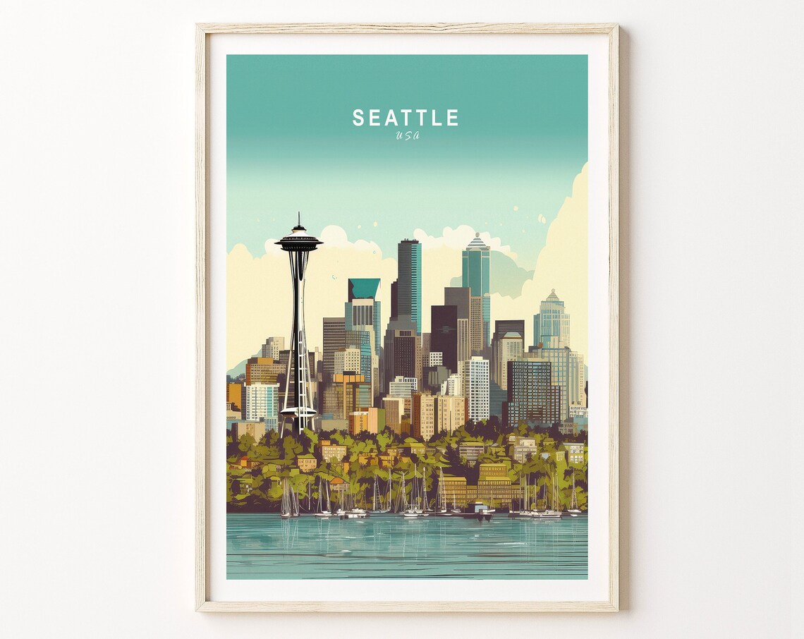 Seattle Travel Poster, Washington Skyline Wall Art