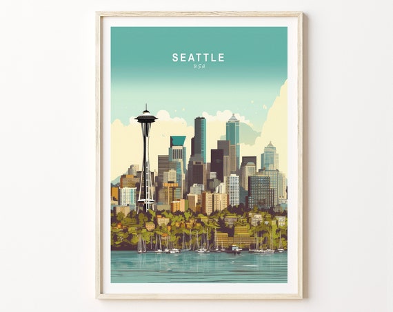 Seattle Travel Poster, Washington Skyline Wall Art