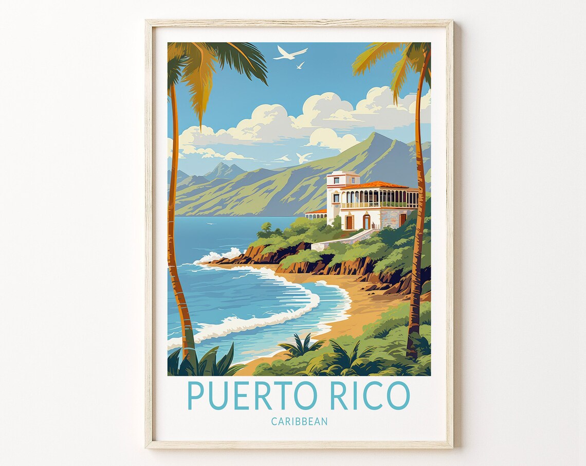 Puerto Rico Travel Poster, Caribbean Coastal Print