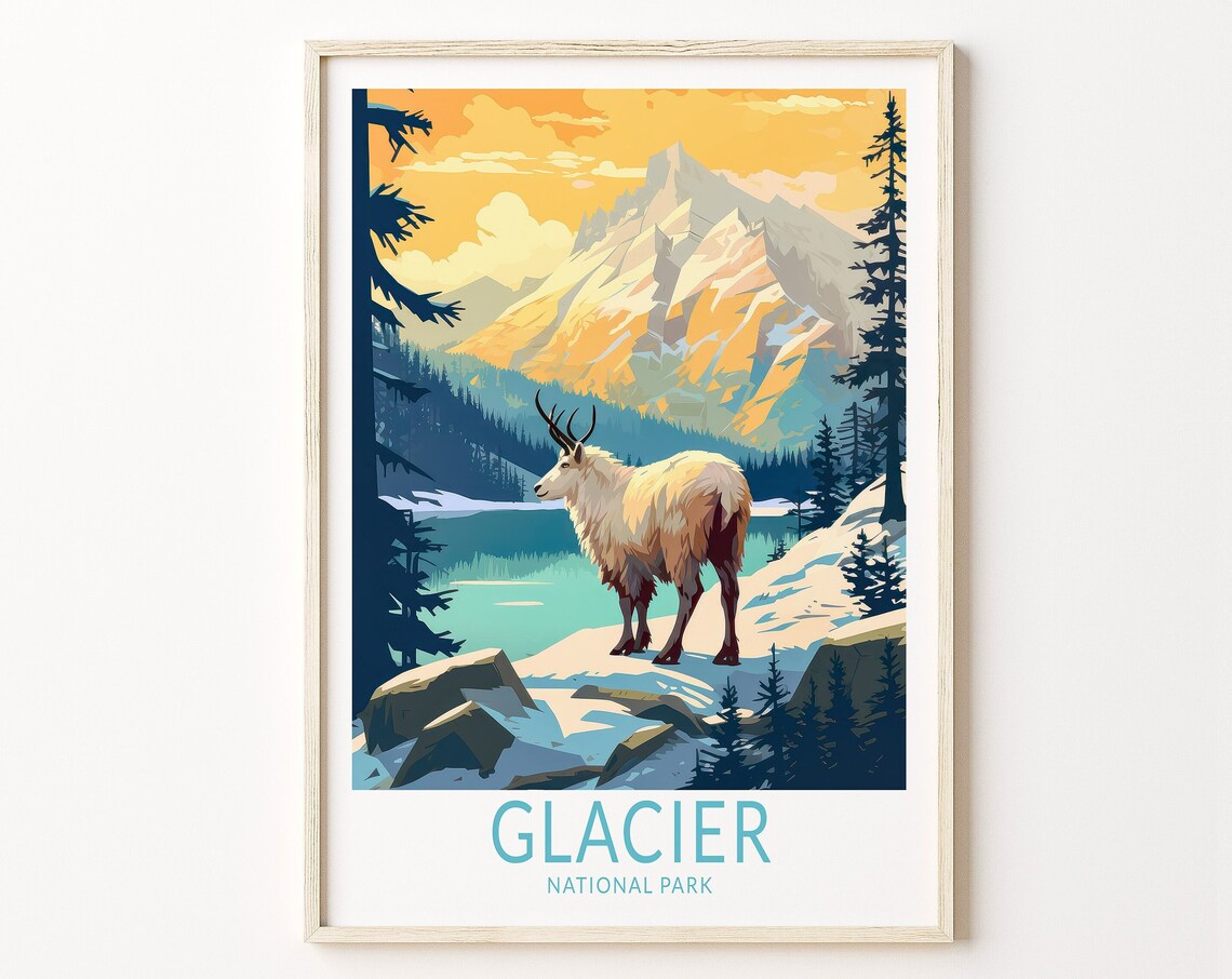 Glacier National Park Mountain Goat Sunset Wildlife Art Poster