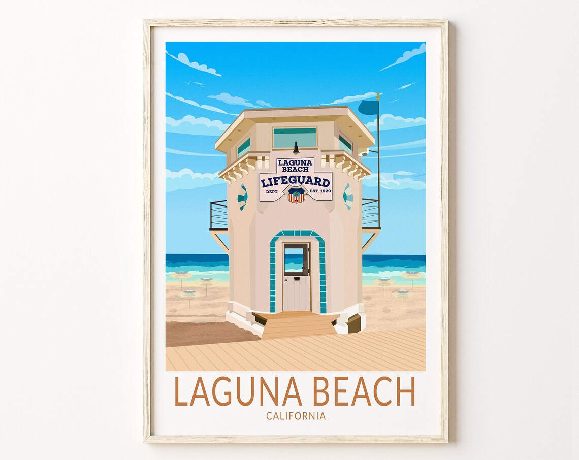 Laguna Beach California Lifeguard Tower Travel Poster with Ocean View