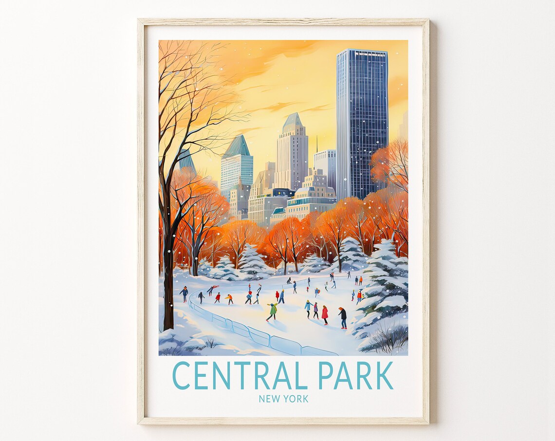 Central Park New York Snowy Sunset Golden Hour Ice Skating Poster