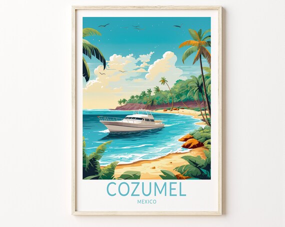 Cozumel Mexico Tropical Palm Beach Yacht Caribbean Travel Poster