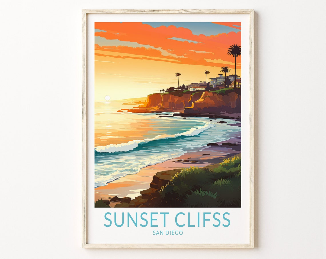 Sunset Cliffs San Diego Orange Sunset Coast Travel Art Poster