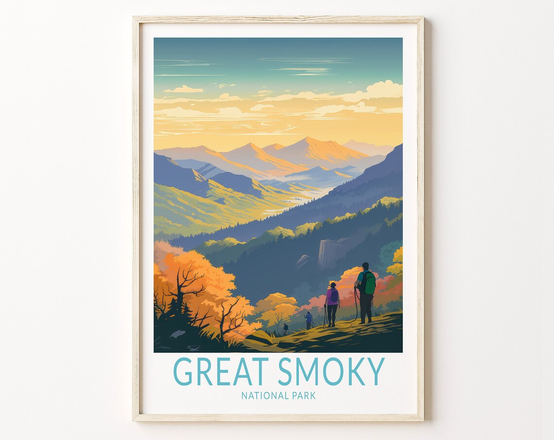 Great Smoky National Park Golden Sunset Mountains Hikers Poster