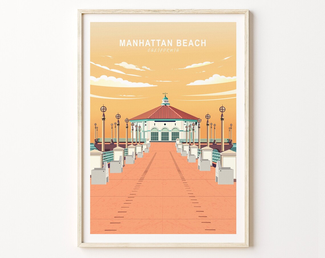 Manhattan Beach California Sunset Pier Poster with Golden Sky