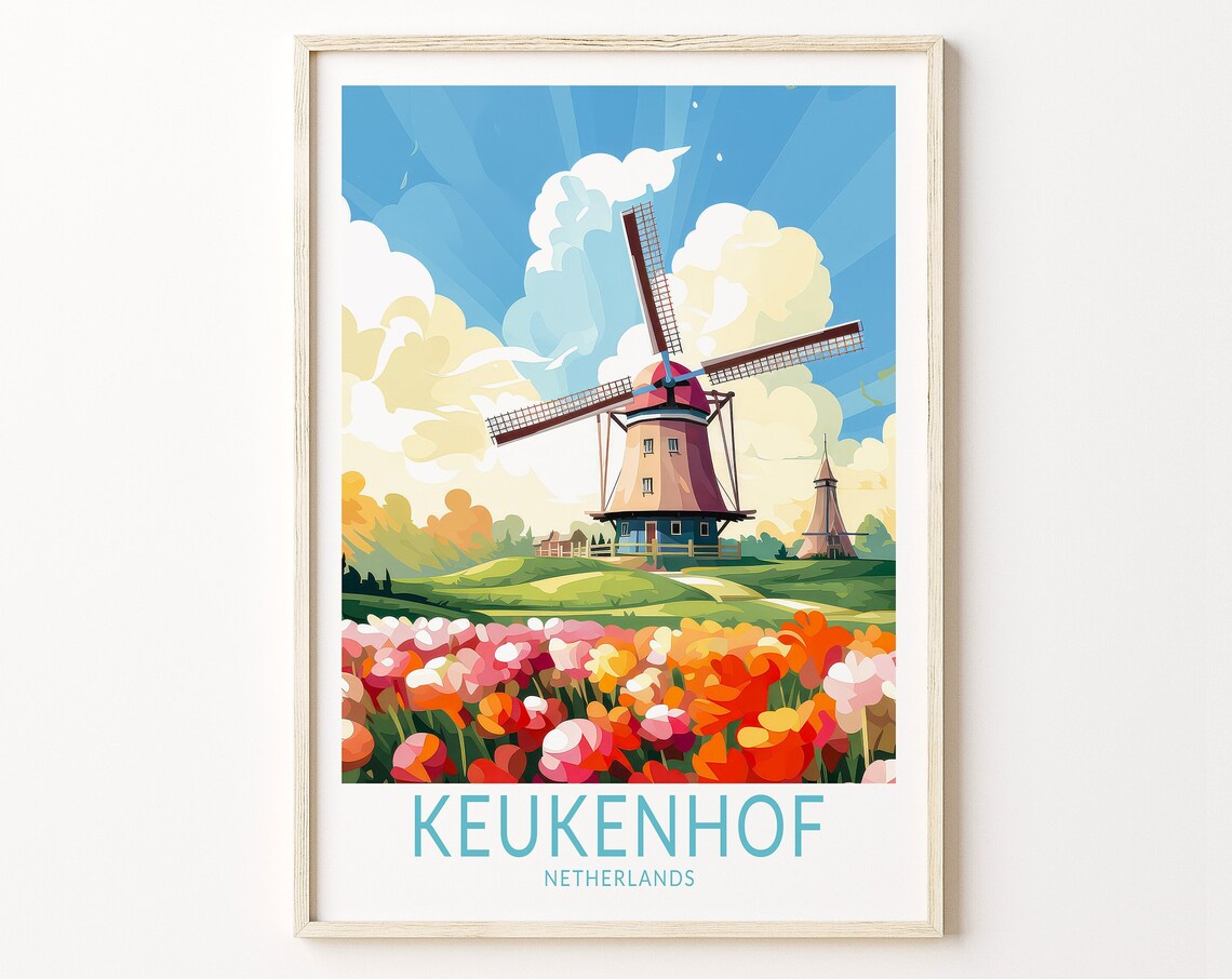 Keukenhof Netherlands Windmill and Tulips Retro Travel Poster