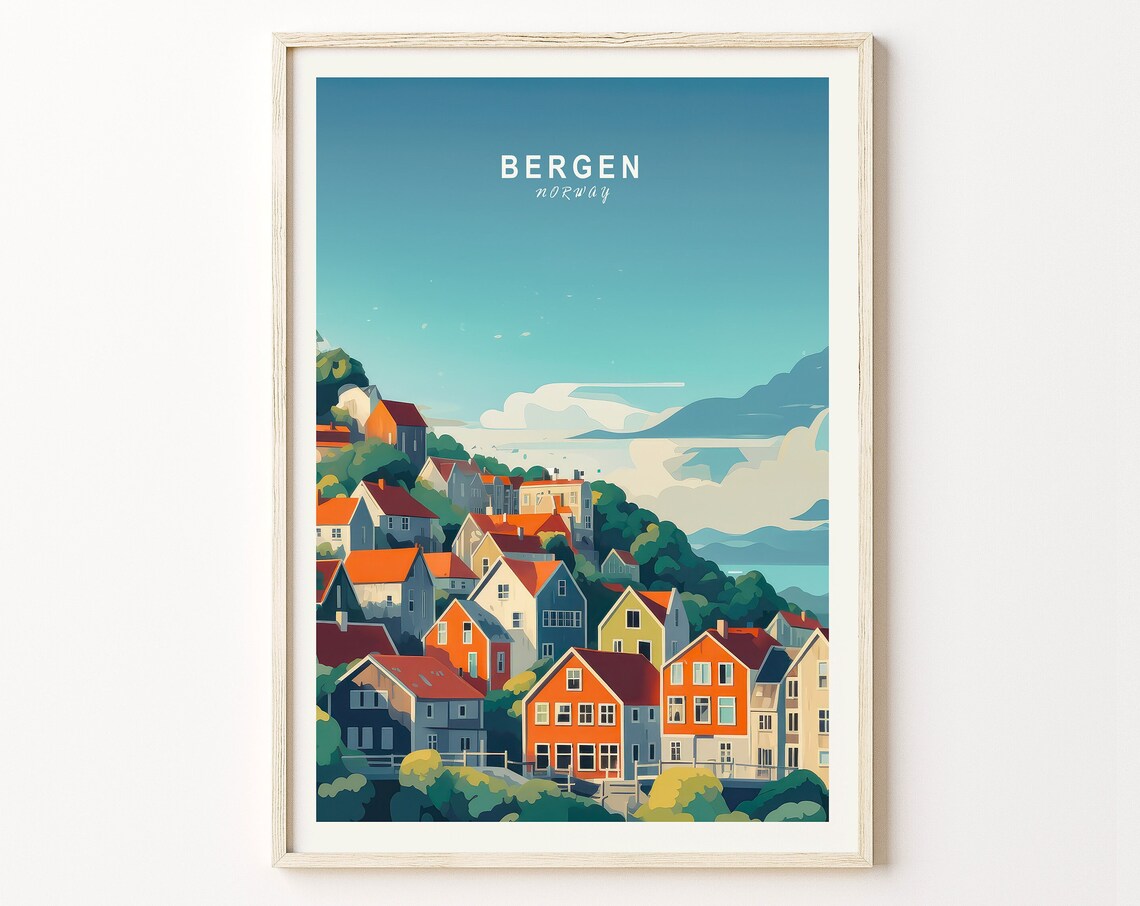 Bergen Norway Colorful Hillside Wooden Houses Travel Art Poster
