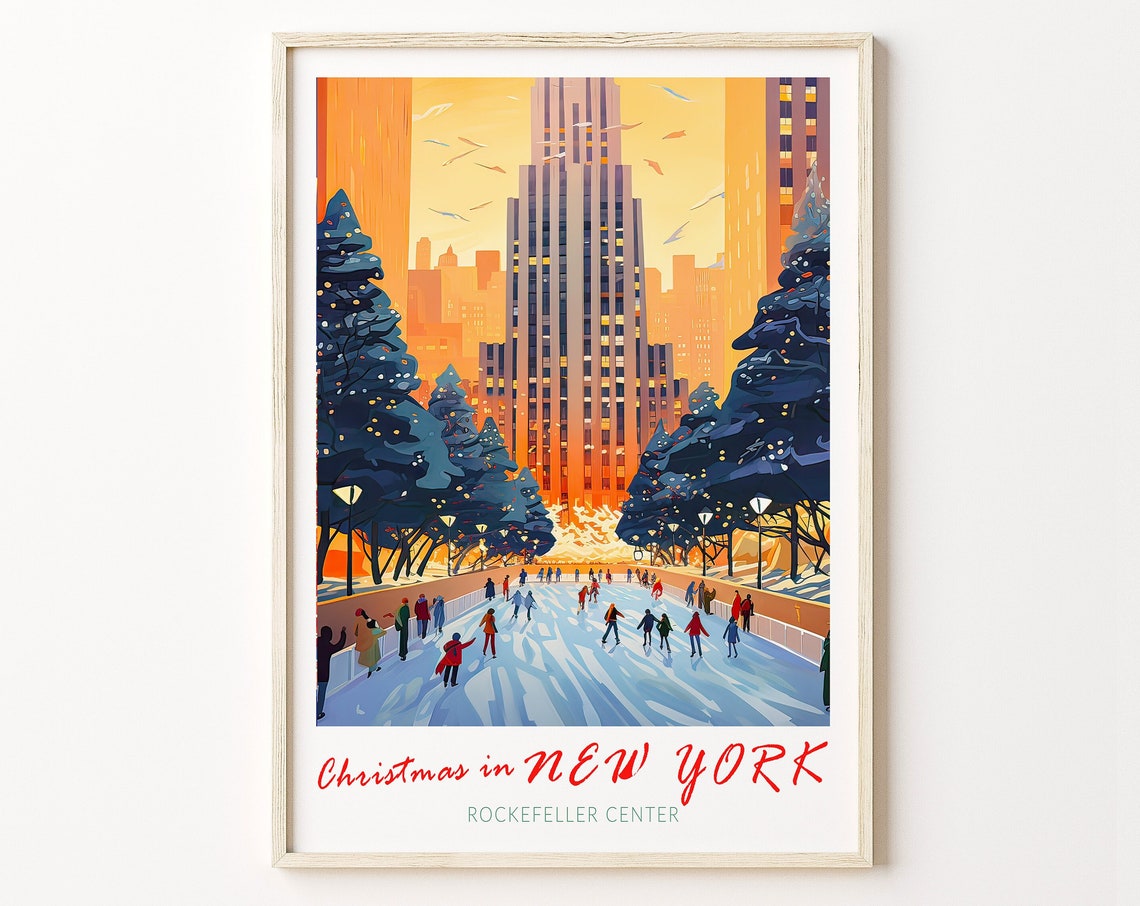 New York Travel Print Christmas In New York City Travel Poster New York Wall Art Travel Poster Rockefeller Ice Skating Wall Art