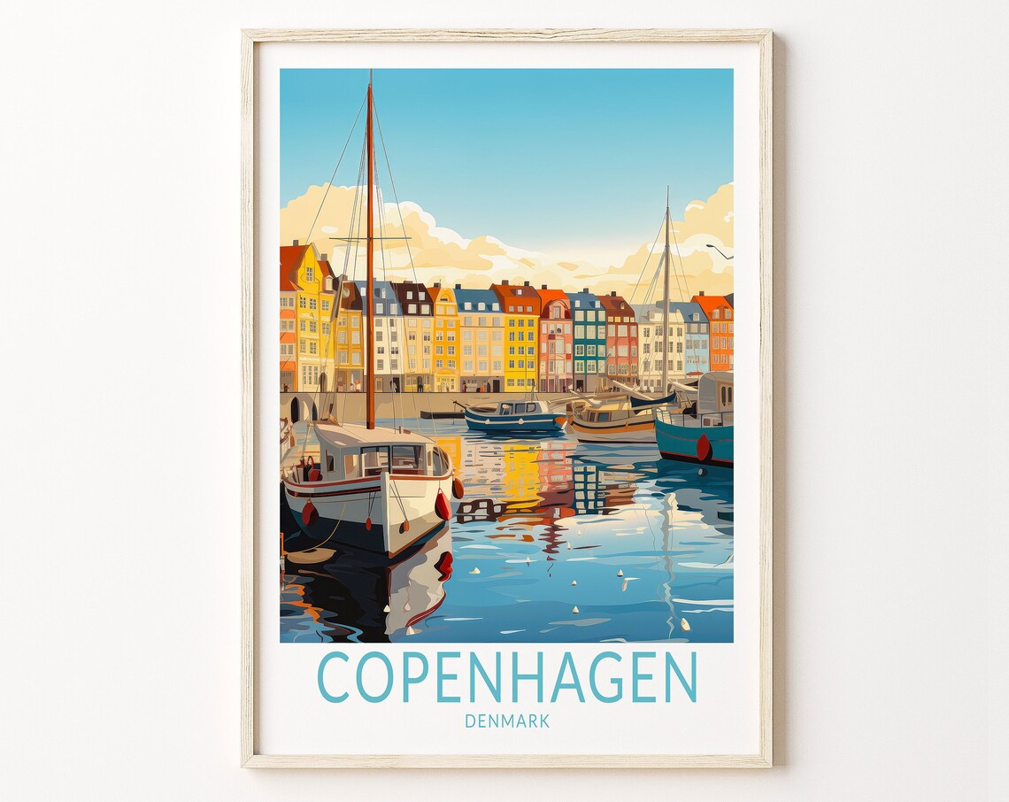 Copenhagen Denmark Nyhavn Harbor Boats Vintage Travel Art Poster