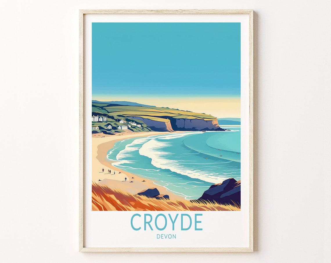 Croyde Devon Beach Cliffs Surf Coast England Travel Art Poster