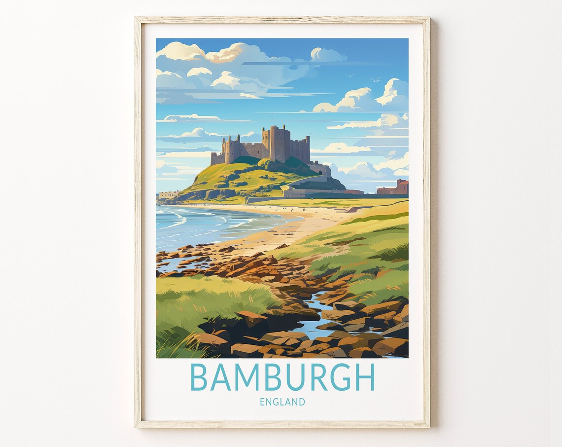 Bamburgh Castle England Coastal Beach Vintage Retro Travel Poster