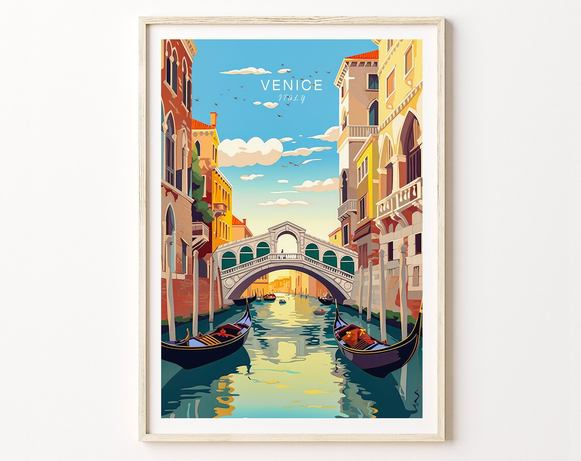 Venice Italy Gondolas on Grand Canal Vintage Travel Art Poster