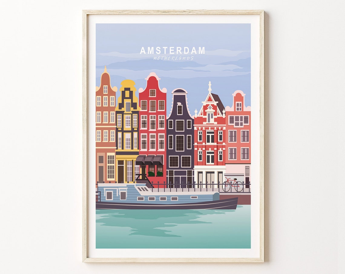 Amsterdam Netherlands Canal Houses Houseboat Vintage Art Poster