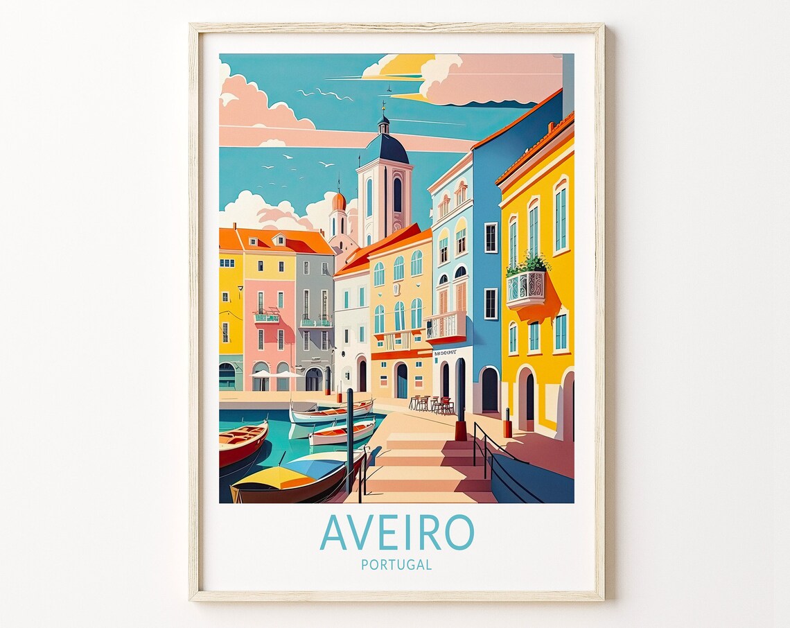 Aveiro Portugal Waterfront Buildings And Canal Boats Travel Poster