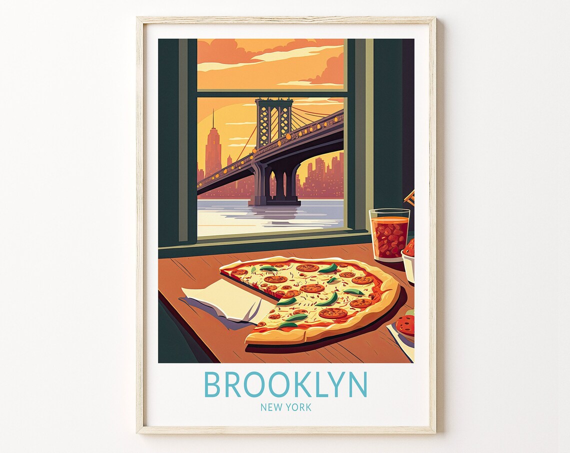 New York Brooklyn Pizza Travel Poster, Manhattan Food