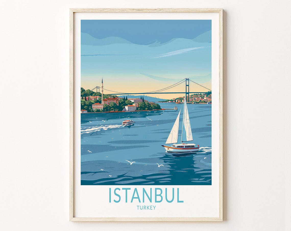 Istanbul Turkey Bosphorus Sailboat Retro Vintage Travel Poster