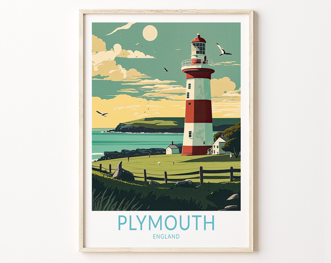 Plymouth England Striped Lighthouse Vintage Coastal Travel Poster